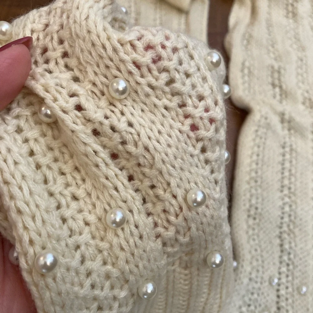 Cream Knit Scarf Embellished w/ Faux Pearls